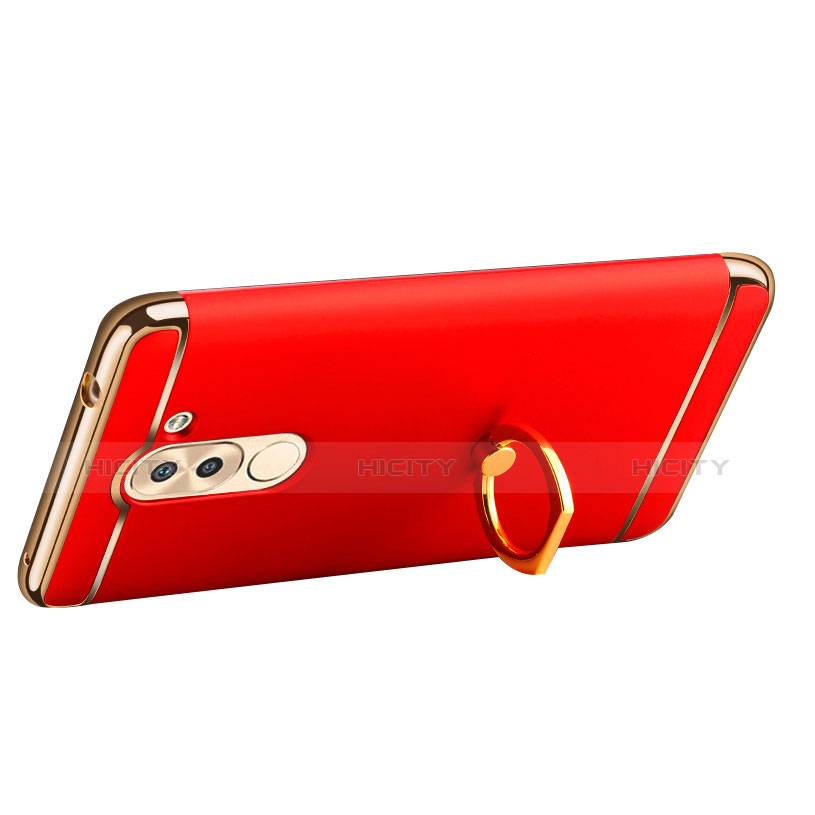 Carcasa Bumper Lujo Marco de Metal y Plastico con Anillo de dedo Soporte para Huawei Honor 6X Pro Rojo