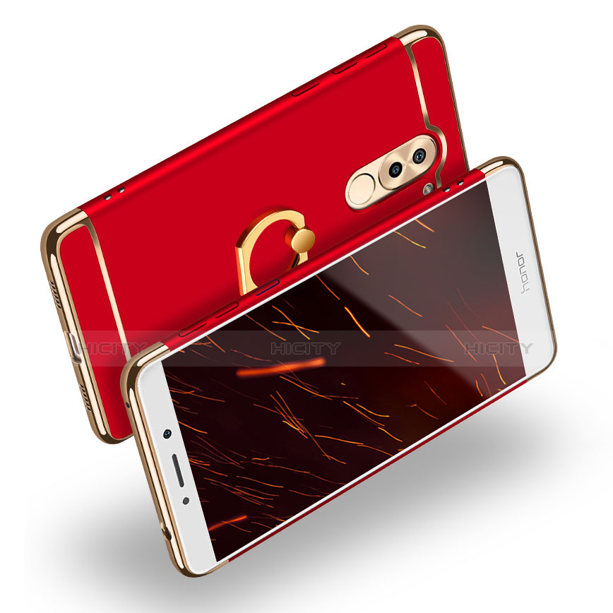 Carcasa Bumper Lujo Marco de Metal y Plastico con Anillo de dedo Soporte para Huawei Honor 6X Rojo