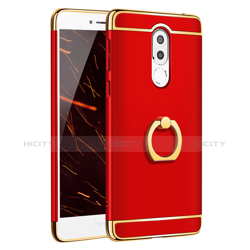 Carcasa Bumper Lujo Marco de Metal y Plastico con Anillo de dedo Soporte para Huawei Mate 9 Lite Rojo