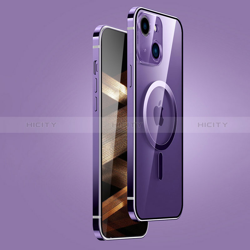 Carcasa Bumper Lujo Marco de Metal y Plastico Funda con Mag-Safe Magnetic JB1 para Apple iPhone 15 Plus Morado