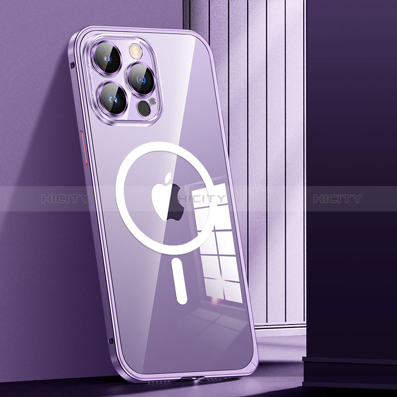 Carcasa Bumper Lujo Marco de Metal y Plastico Funda con Mag-Safe Magnetic JL1 para Apple iPhone 13 Pro Max Morado