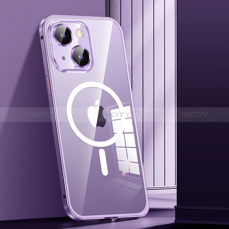 Carcasa Bumper Lujo Marco de Metal y Plastico Funda con Mag-Safe Magnetic JL1 para Apple iPhone 15 Morado