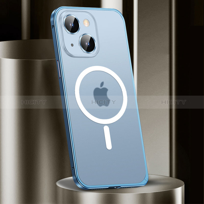 Carcasa Bumper Lujo Marco de Metal y Plastico Funda con Mag-Safe Magnetic JL2 para Apple iPhone 13 Azul