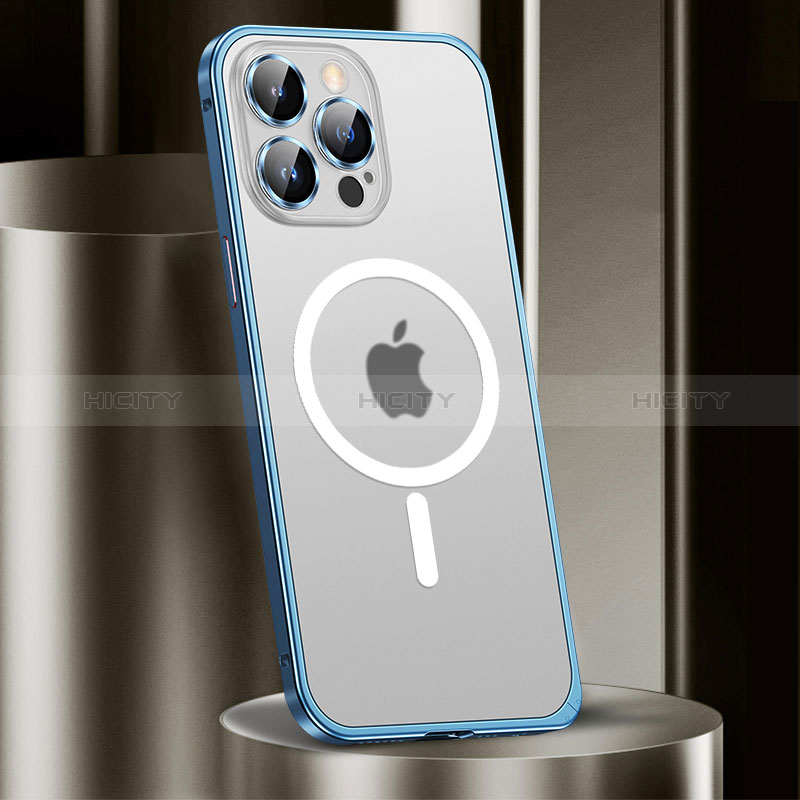 Carcasa Bumper Lujo Marco de Metal y Plastico Funda con Mag-Safe Magnetic JL2 para Apple iPhone 13 Pro Max Azul