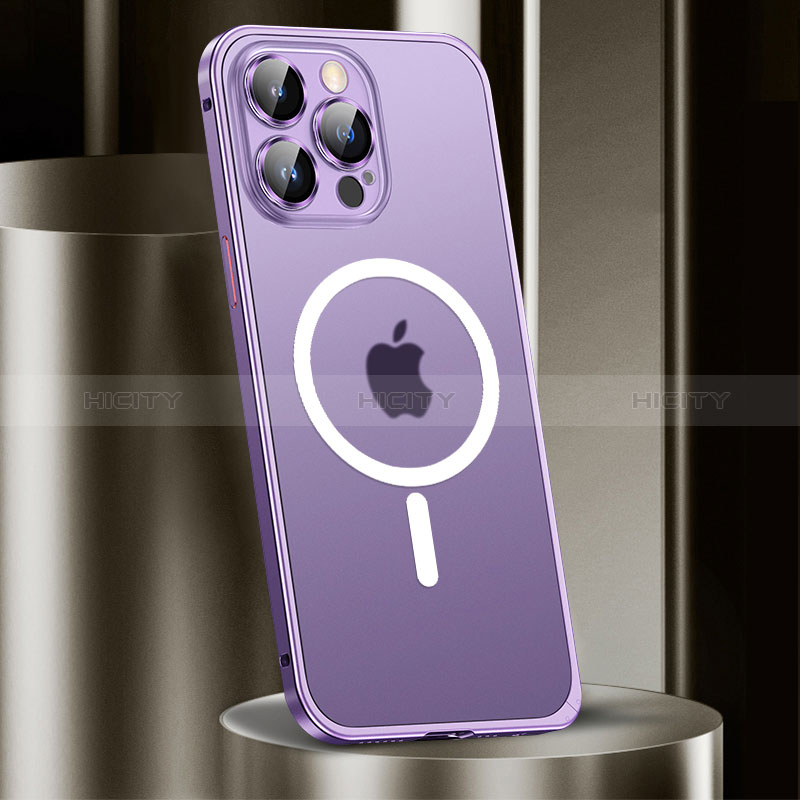 Carcasa Bumper Lujo Marco de Metal y Plastico Funda con Mag-Safe Magnetic JL2 para Apple iPhone 13 Pro Max Morado