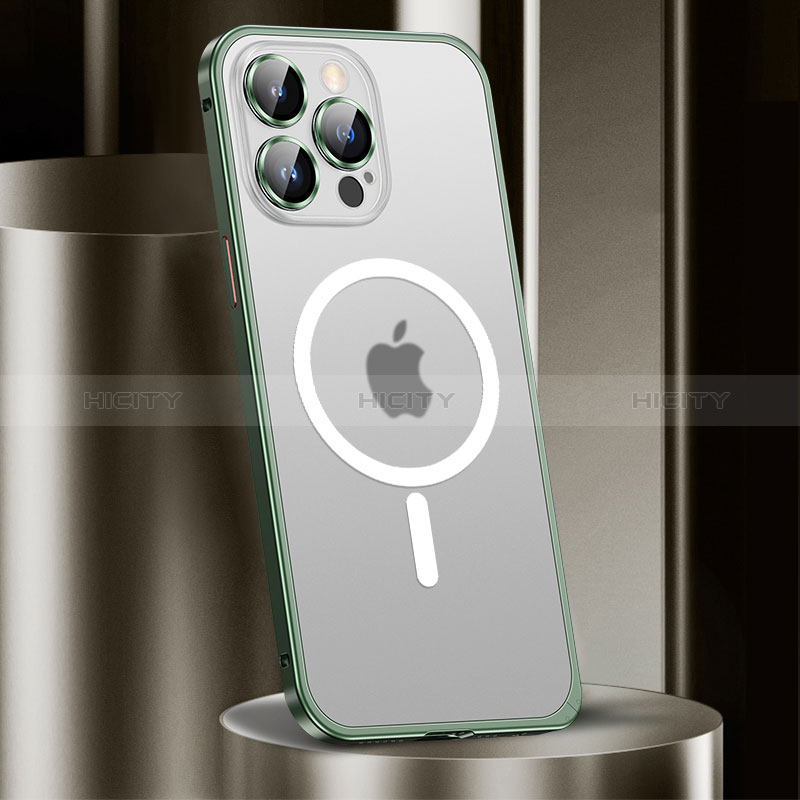 Carcasa Bumper Lujo Marco de Metal y Plastico Funda con Mag-Safe Magnetic JL2 para Apple iPhone 13 Pro Max Verde