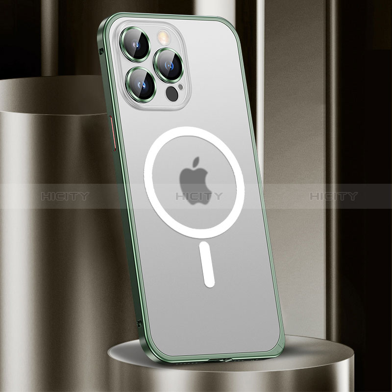 Carcasa Bumper Lujo Marco de Metal y Plastico Funda con Mag-Safe Magnetic JL2 para Apple iPhone 13 Pro Verde