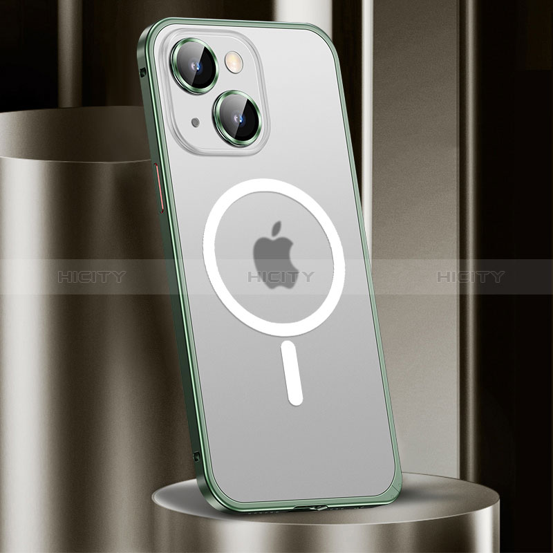 Carcasa Bumper Lujo Marco de Metal y Plastico Funda con Mag-Safe Magnetic JL2 para Apple iPhone 13 Verde