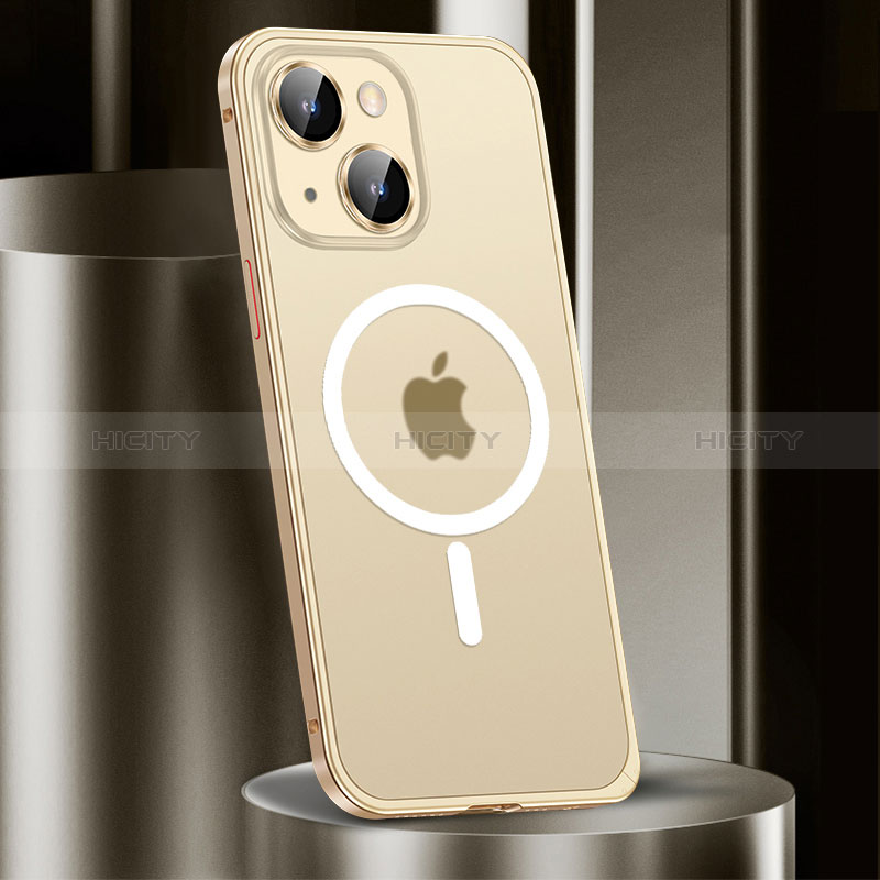 Carcasa Bumper Lujo Marco de Metal y Plastico Funda con Mag-Safe Magnetic JL2 para Apple iPhone 14 Oro