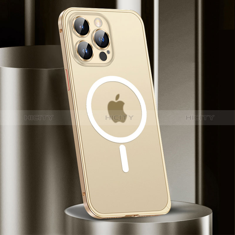 Carcasa Bumper Lujo Marco de Metal y Plastico Funda con Mag-Safe Magnetic JL2 para Apple iPhone 14 Pro Max Oro