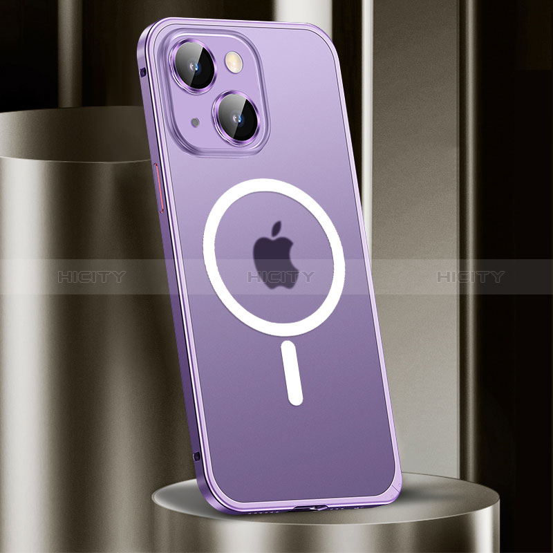 Carcasa Bumper Lujo Marco de Metal y Plastico Funda con Mag-Safe Magnetic JL2 para Apple iPhone 15 Morado