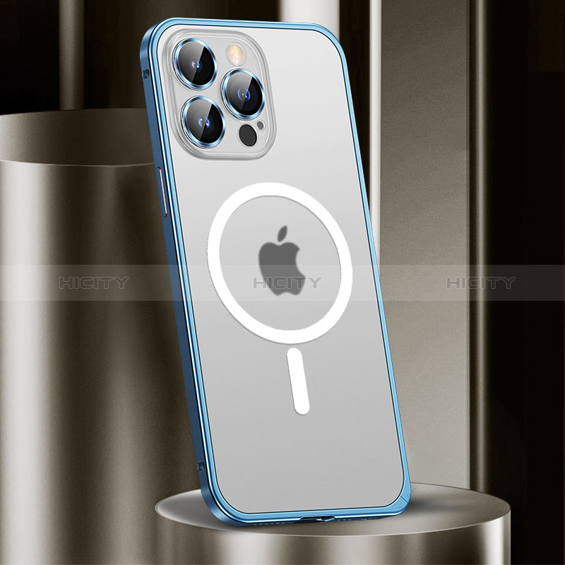 Carcasa Bumper Lujo Marco de Metal y Plastico Funda con Mag-Safe Magnetic JL2 para Apple iPhone 15 Pro Azul