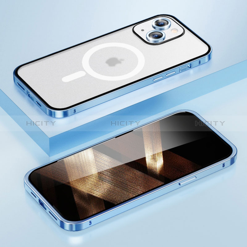 Carcasa Bumper Lujo Marco de Metal y Plastico Funda con Mag-Safe Magnetic LF1 para Apple iPhone 15 Azul