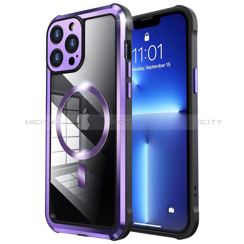 Carcasa Bumper Lujo Marco de Metal y Plastico Funda con Mag-Safe Magnetic LF2 para Apple iPhone 13 Pro Max Morado