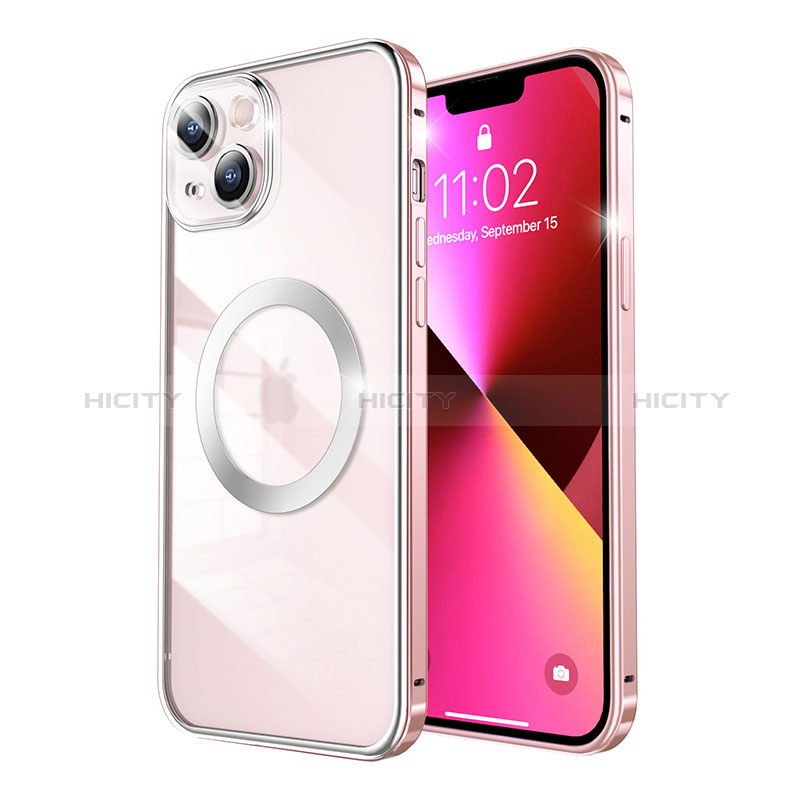 Carcasa Bumper Lujo Marco de Metal y Plastico Funda con Mag-Safe Magnetic LF3 para Apple iPhone 13 Oro Rosa