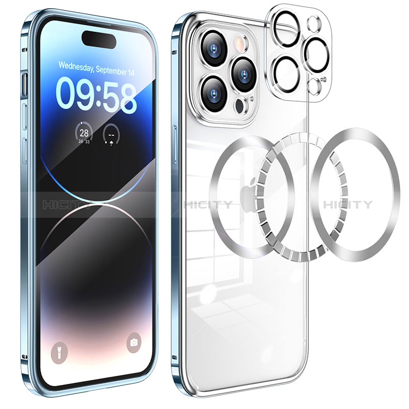 Carcasa Bumper Lujo Marco de Metal y Plastico Funda con Mag-Safe Magnetic LF3 para Apple iPhone 14 Pro Azul