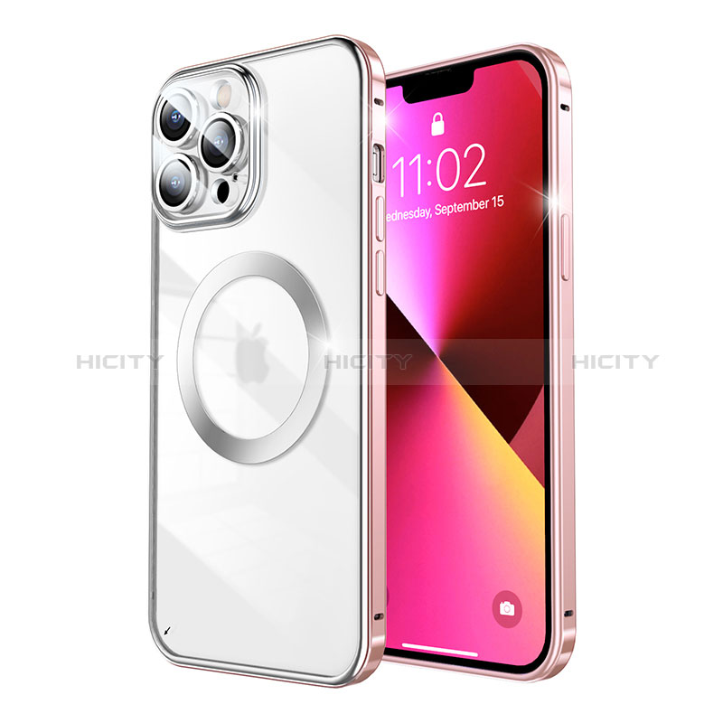 Carcasa Bumper Lujo Marco de Metal y Plastico Funda con Mag-Safe Magnetic LF5 para Apple iPhone 13 Pro Oro Rosa