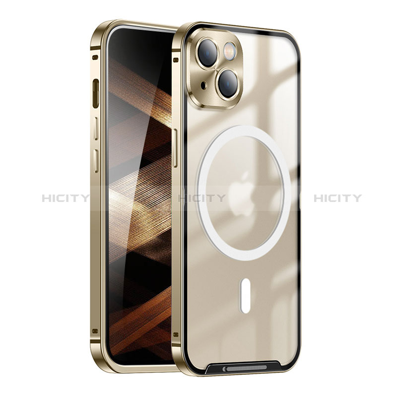 Carcasa Bumper Lujo Marco de Metal y Plastico Funda con Mag-Safe Magnetic LK1 para Apple iPhone 15 Plus Oro