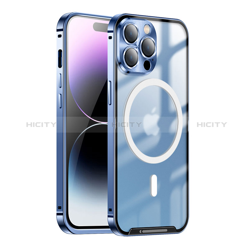 Carcasa Bumper Lujo Marco de Metal y Plastico Funda con Mag-Safe Magnetic LK1 para Apple iPhone 16 Pro Azul