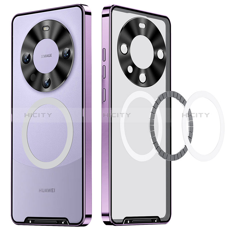 Carcasa Bumper Lujo Marco de Metal y Plastico Funda con Mag-Safe Magnetic LK1 para Huawei Mate 60 Pro Morado