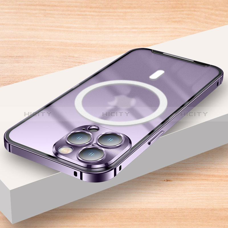 Carcasa Bumper Lujo Marco de Metal y Plastico Funda con Mag-Safe Magnetic LK2 para Apple iPhone 13 Pro Max Morado