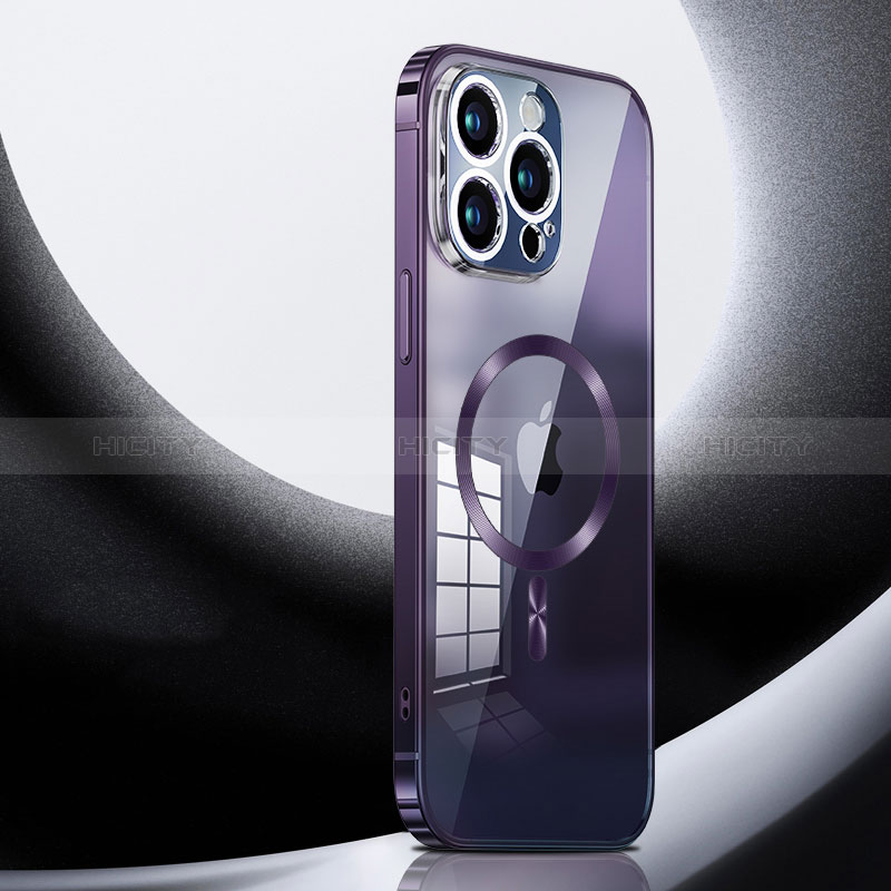 Carcasa Bumper Lujo Marco de Metal y Plastico Funda con Mag-Safe Magnetic LK3 para Apple iPhone 15 Pro Max Morado