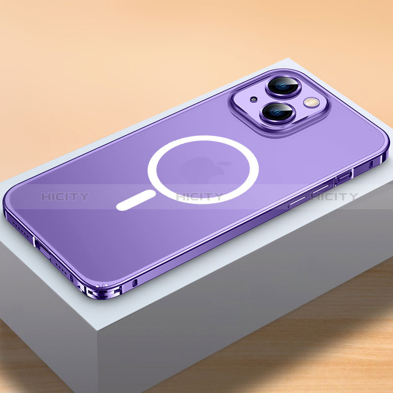 Carcasa Bumper Lujo Marco de Metal y Plastico Funda con Mag-Safe Magnetic QC2 para Apple iPhone 15 Morado