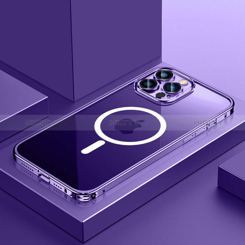 Carcasa Bumper Lujo Marco de Metal y Plastico Funda con Mag-Safe Magnetic QC3 para Apple iPhone 13 Pro Max Morado