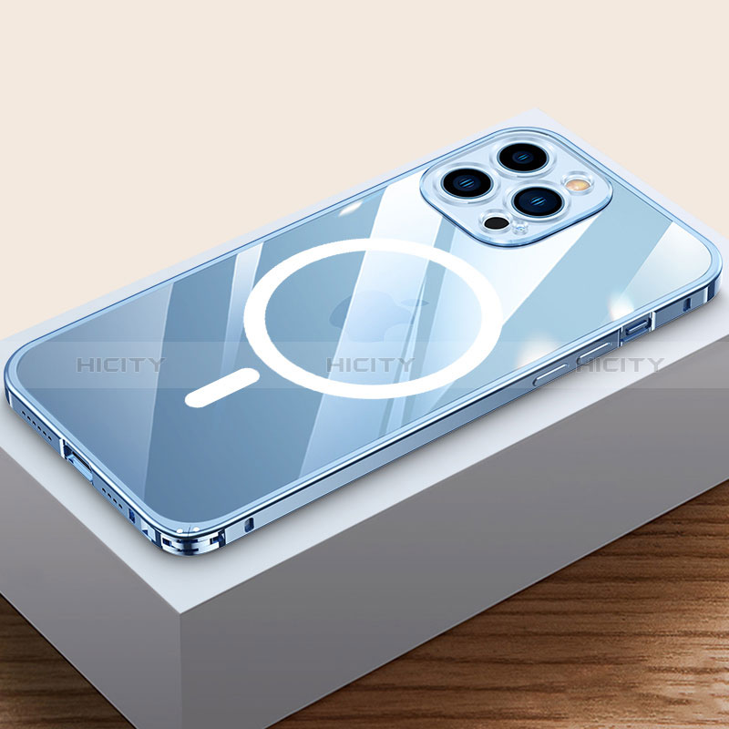 Carcasa Bumper Lujo Marco de Metal y Plastico Funda con Mag-Safe Magnetic QC4 para Apple iPhone 14 Pro Max Azul