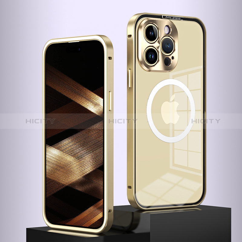 Carcasa Bumper Lujo Marco de Metal y Plastico Funda con Mag-Safe Magnetic QC5 para Apple iPhone 13 Pro Max Oro