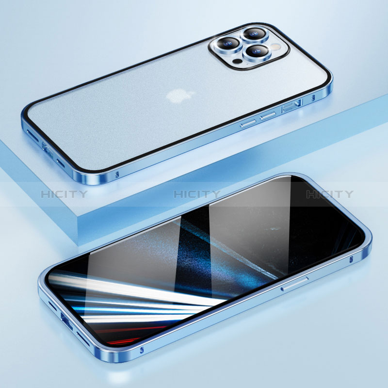 Carcasa Bumper Lujo Marco de Metal y Plastico Funda LF4 para Apple iPhone 13 Pro Max Azul