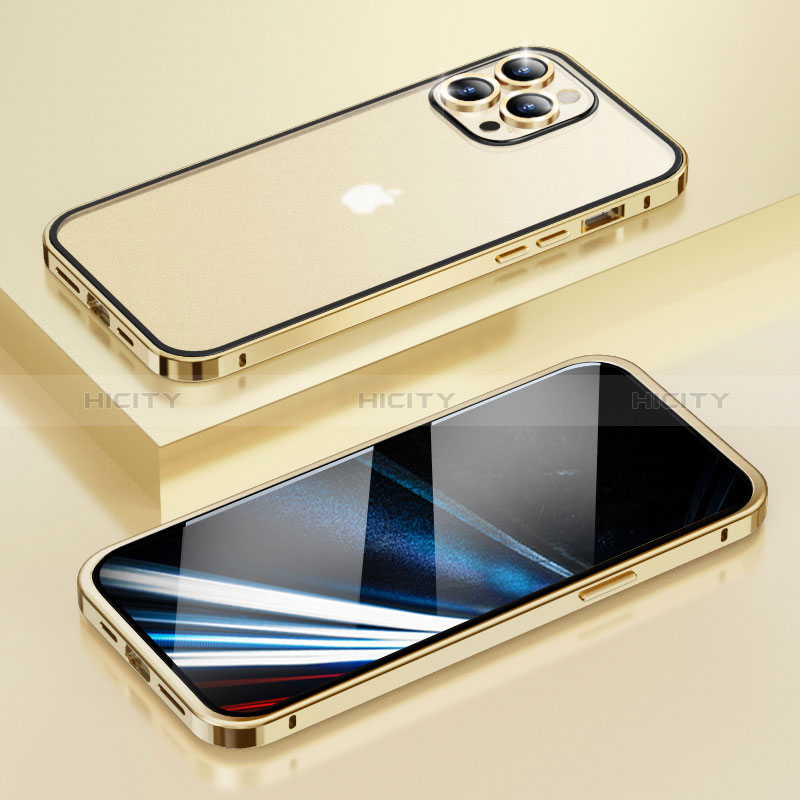 Carcasa Bumper Lujo Marco de Metal y Plastico Funda LF4 para Apple iPhone 13 Pro Oro