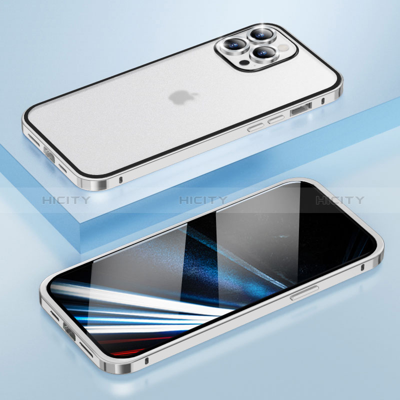 Carcasa Bumper Lujo Marco de Metal y Plastico Funda LF4 para Apple iPhone 14 Pro Max Plata