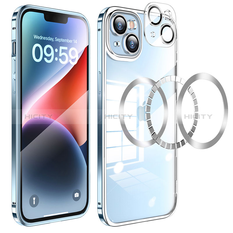 Carcasa Bumper Lujo Marco de Metal y Plastico Funda LF5 para Apple iPhone 14 Azul