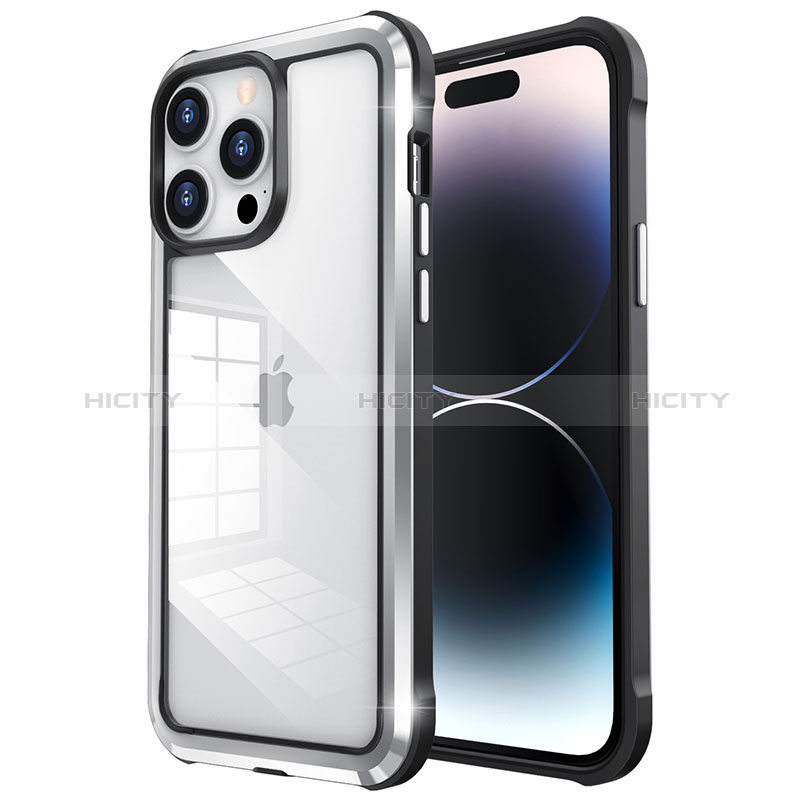 Carcasa Bumper Lujo Marco de Metal y Plastico Funda LF6 para Apple iPhone 14 Pro Max Plata