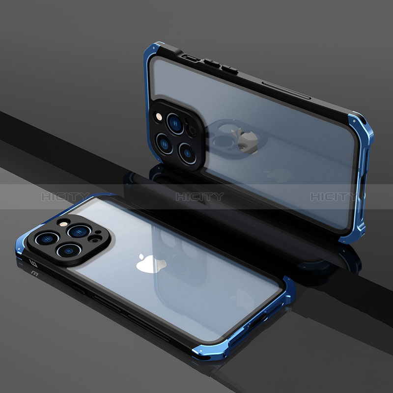 Carcasa Bumper Lujo Marco de Metal y Plastico Funda SQ1 para Apple iPhone 13 Pro Max Azul