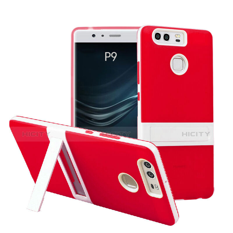 Carcasa Bumper Silicona Mate con Soporte para Huawei P9 Rojo