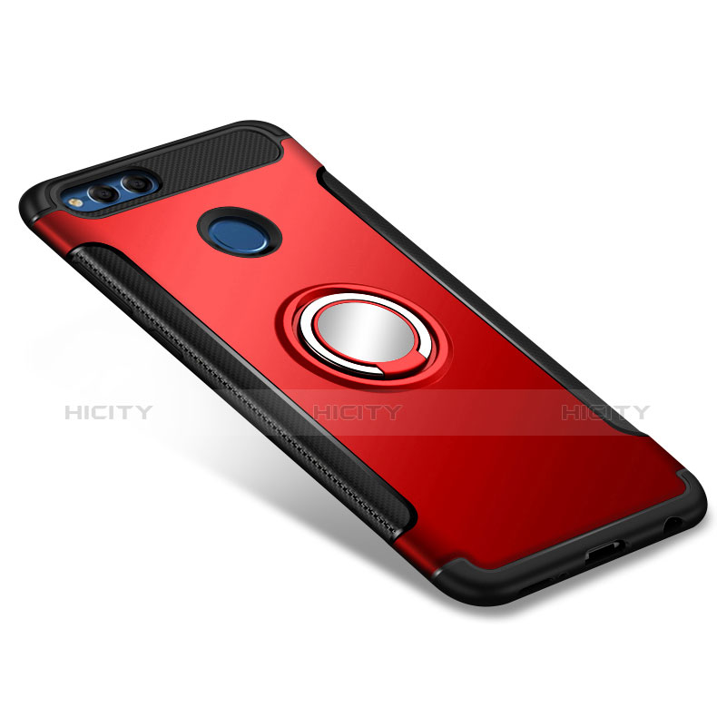 Carcasa Bumper Silicona y Plastico Mate con Anillo de dedo Soporte para Huawei Honor Play 7X Rojo