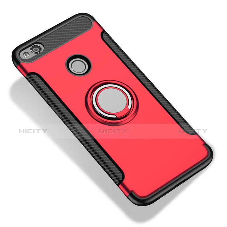 Carcasa Bumper Silicona y Plastico Mate con Anillo de dedo Soporte para Xiaomi Redmi 3 High Edition Rojo