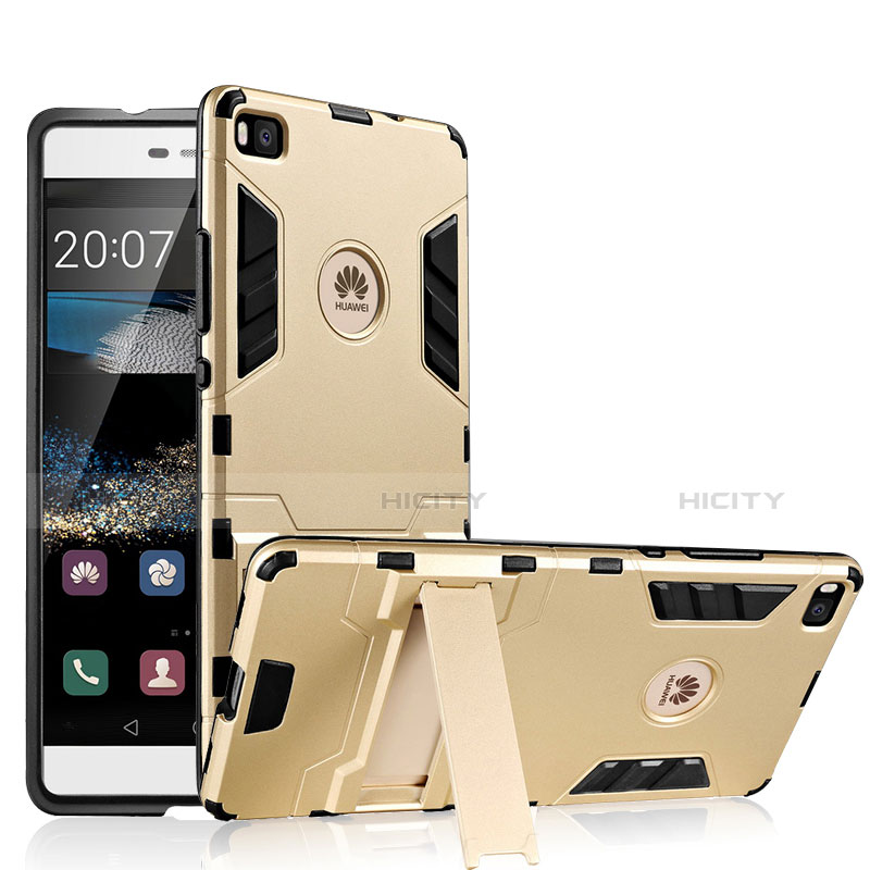 Carcasa Bumper Silicona y Plastico Mate con Soporte para Huawei P8 Oro