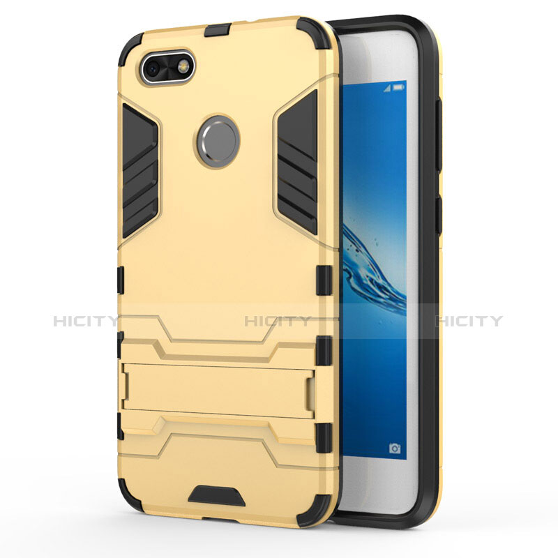 Carcasa Bumper Silicona y Plastico Mate con Soporte para Huawei Y6 Pro (2017) Oro