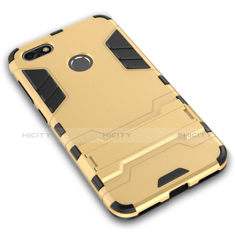 Carcasa Bumper Silicona y Plastico Mate con Soporte para Huawei Y6 Pro (2017) Oro