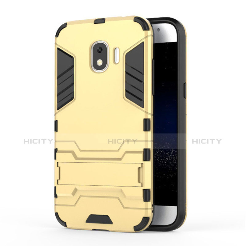 Carcasa Bumper Silicona y Plastico Mate con Soporte para Samsung Galaxy Grand Prime Pro (2018) Oro