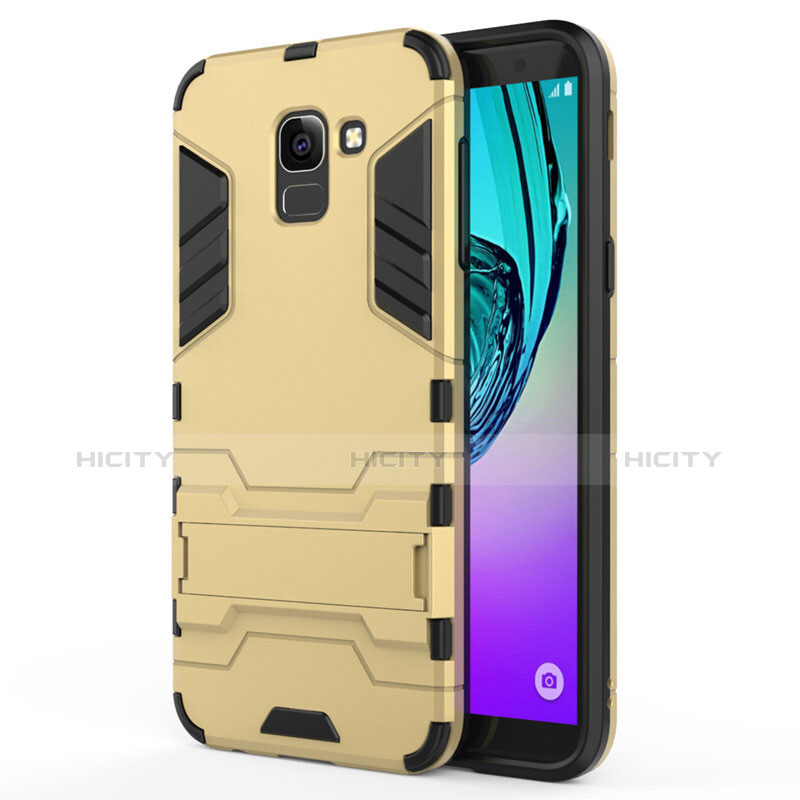 Carcasa Bumper Silicona y Plastico Mate con Soporte para Samsung Galaxy J6 (2018) J600F Oro