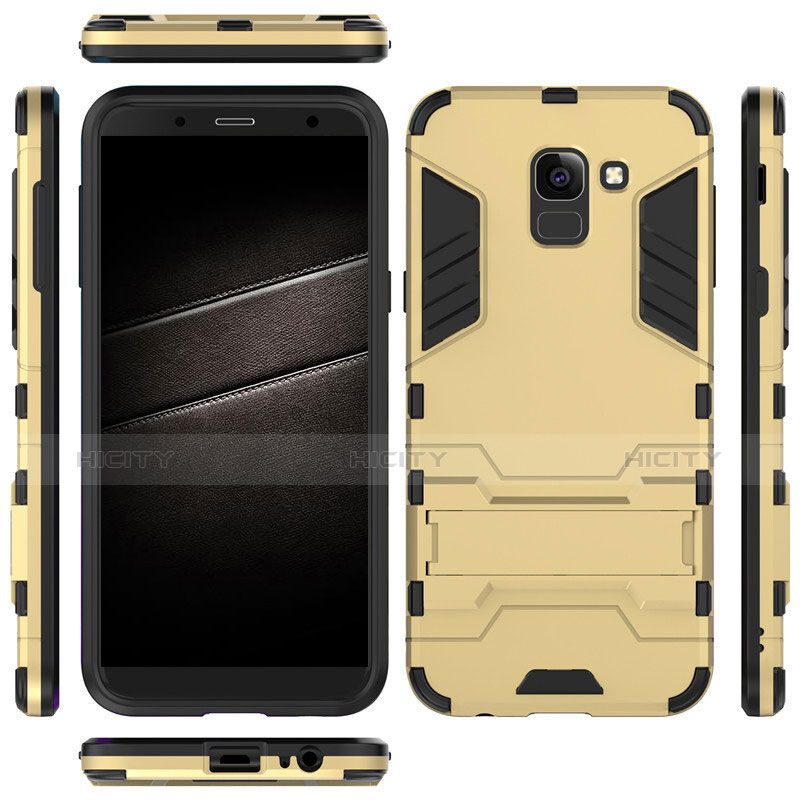 Carcasa Bumper Silicona y Plastico Mate con Soporte para Samsung Galaxy J6 (2018) J600F Oro