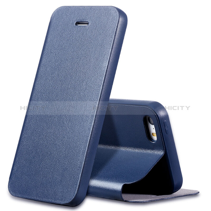 Carcasa de Cuero Cartera con Soporte L01 para Apple iPhone SE Azul