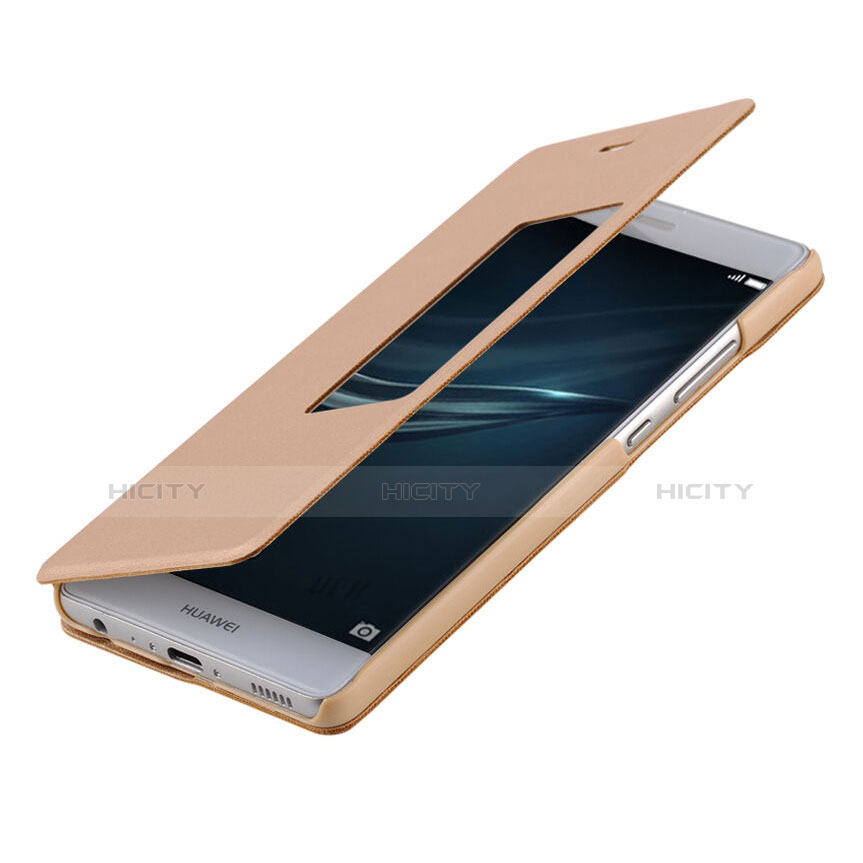 Carcasa de Cuero Cartera con Soporte para Huawei P9 Plus Oro