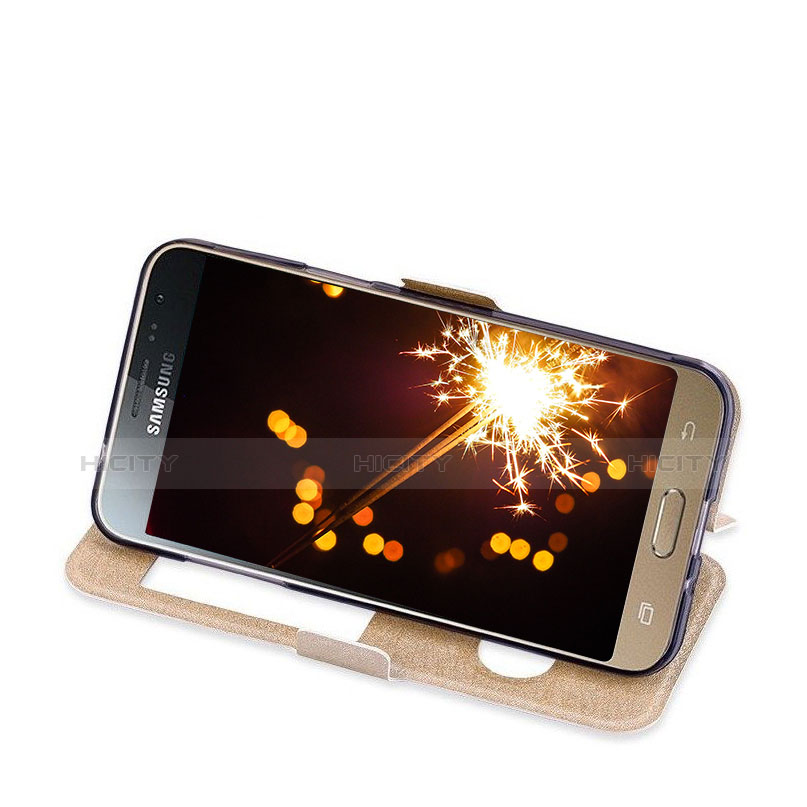 Carcasa de Cuero Cartera con Soporte para Samsung Galaxy Amp Prime J320P J320M Oro