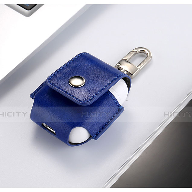 Carcasa de Cuero con Mosqueton Enchufe para AirPods Funda de Carga A01 Azul