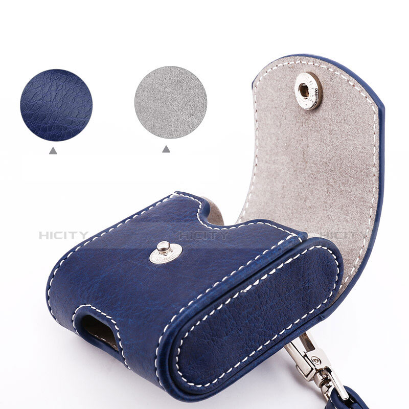 Carcasa de Cuero con Mosqueton Enchufe para AirPods Funda de Carga A05 Azul